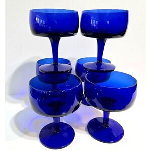 Set 6 Vtg Gorham Cobalt Blue Glasses Champagne / Tall Sherbet Hand blown 4 3/8"